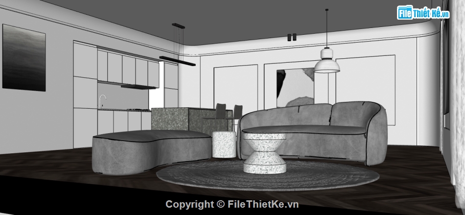 phòng khách bếp dựng model su,mẫu thiết kế nội thất khách bếp,sketchup dựng phòng khách bếp