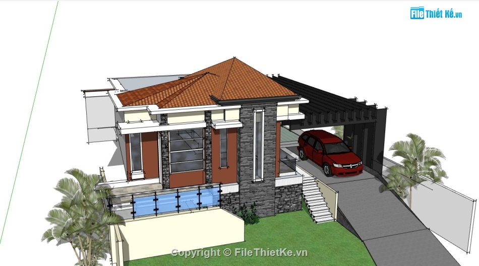 villa đẹp,villa su,villa 1 tầng file sketchup,mẫu sketchup villa đẹp