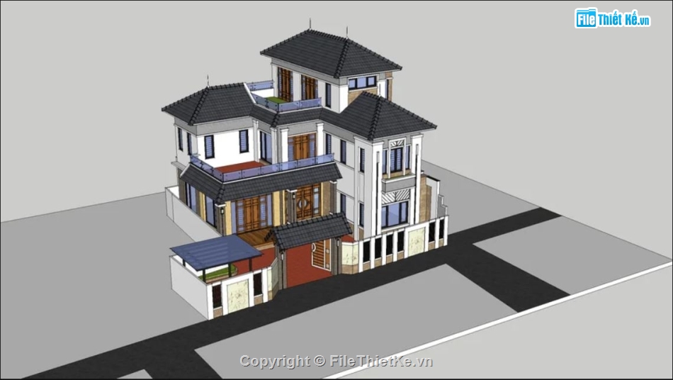 Biệt thự 2 tầng 1 tum Sketchup,File sketchup Biệt thự 2 tầng 1 tum,Model sketchup Biệt thự 2 tầng,Sketchup biệt thự 2 tầng 1 tum,3d sketchup biệt thự mái nhật,Model su biệt thự 13x16.5m