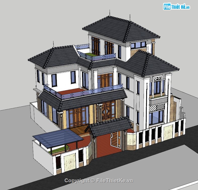 Biệt thự 2 tầng 1 tum Sketchup,File sketchup Biệt thự 2 tầng 1 tum,Model sketchup Biệt thự 2 tầng,Sketchup biệt thự 2 tầng 1 tum,3d sketchup biệt thự mái nhật,Model su biệt thự 13x16.5m