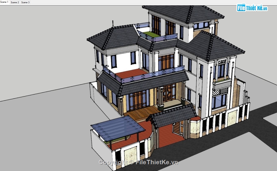 Biệt thự 2 tầng 1 tum Sketchup,File sketchup Biệt thự 2 tầng 1 tum,Model sketchup Biệt thự 2 tầng,Sketchup biệt thự 2 tầng 1 tum,3d sketchup biệt thự mái nhật,Model su biệt thự 13x16.5m