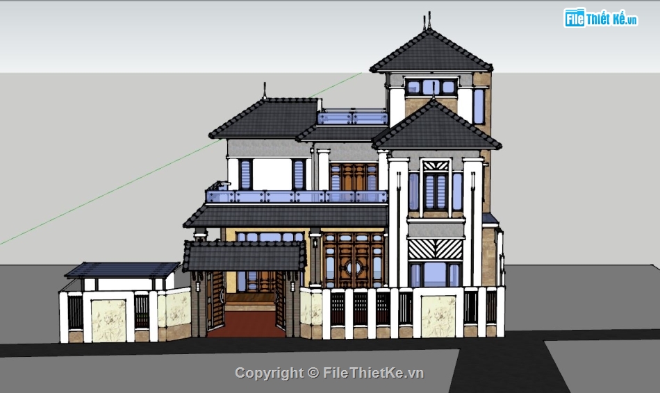 Biệt thự 2 tầng 1 tum Sketchup,File sketchup Biệt thự 2 tầng 1 tum,Model sketchup Biệt thự 2 tầng,Sketchup biệt thự 2 tầng 1 tum,3d sketchup biệt thự mái nhật,Model su biệt thự 13x16.5m