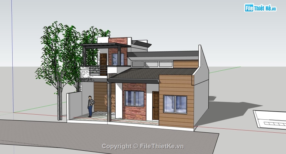 sketchup nhà phố 1 tầng 1 tum,phối cảnh nhà phố 1 tầng,nhà phố 1 tầng 1 tum,thiết kế nhà phố 1 tầng 1 tum