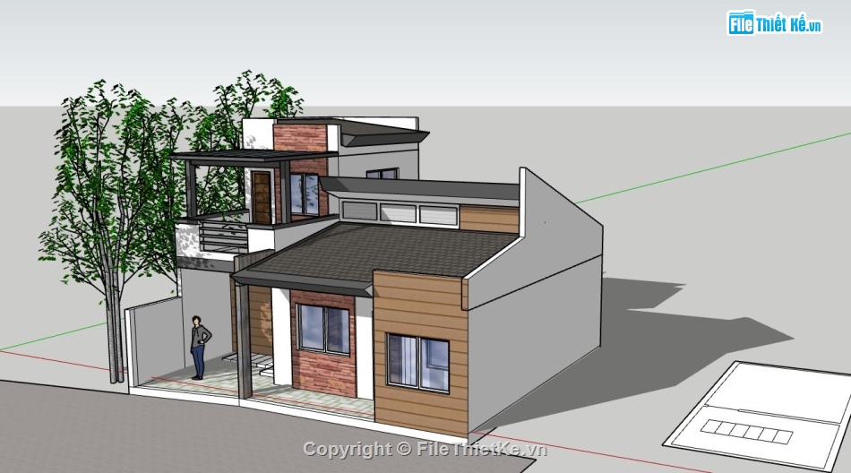 sketchup nhà phố 1 tầng 1 tum,phối cảnh nhà phố 1 tầng,nhà phố 1 tầng 1 tum,thiết kế nhà phố 1 tầng 1 tum