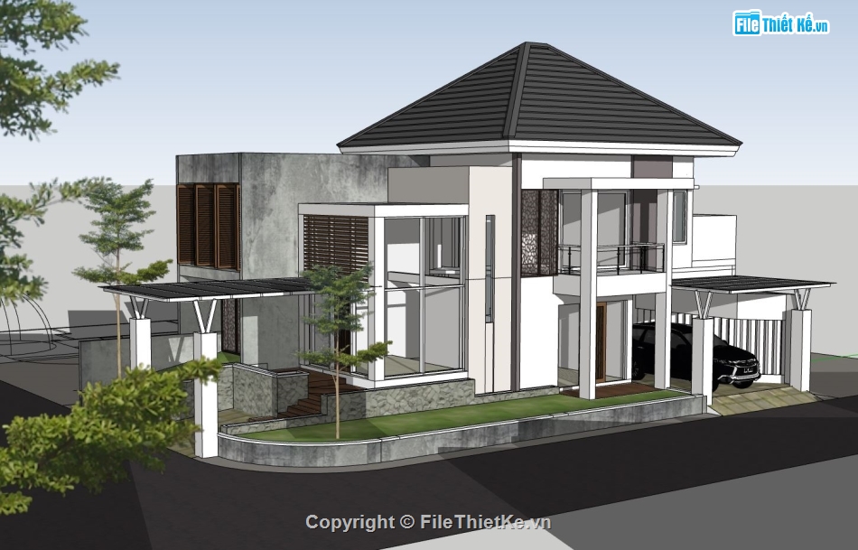 thiết kế biệt thự 2 tầng,sketchup biệt thự 2 tầng,biệt thự 2 tầng