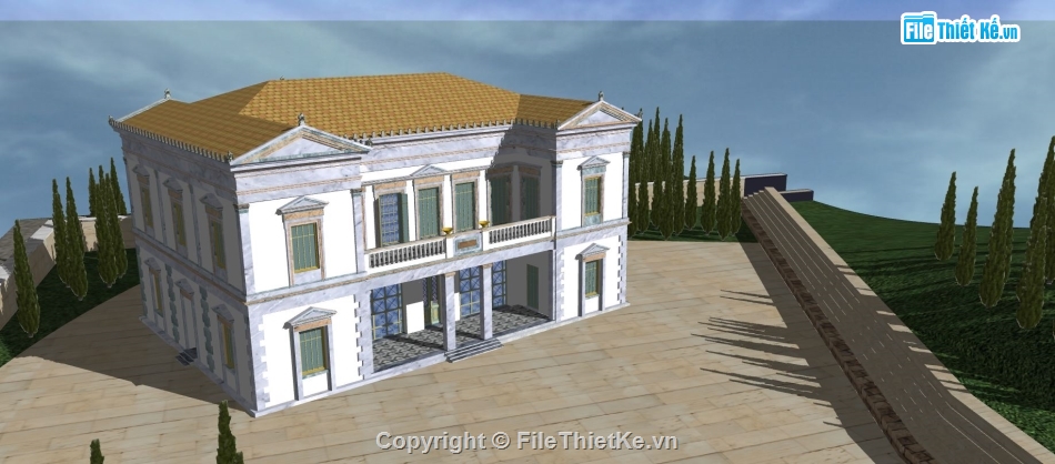 model sketchup villa 2 tầng,phối cảnh villa model sketchup,file sketchup villa 2 tầng,biệt thự 2 tầng