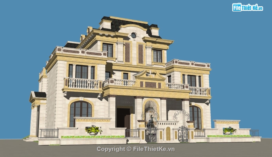mẫu villa 3 tầng su đẹp,phối cảnh villa model sketchup,biệt thự villa sketchup,mẫu villa su