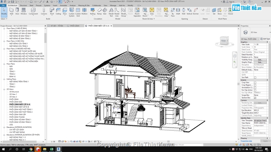 Kiến trúc biệt thự 2 tầng,Nhà 2 tầng 9x11m,revit biệt thự 2 tầng,bản vẽ biệt thự 2 tầng 9x11m