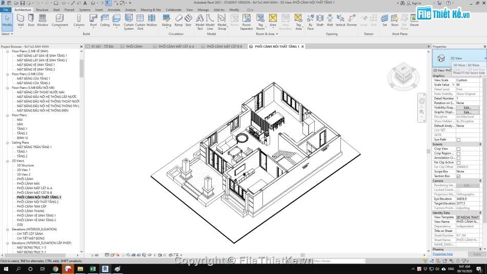 Kiến trúc biệt thự 2 tầng,Nhà 2 tầng 9x11m,revit biệt thự 2 tầng,bản vẽ biệt thự 2 tầng 9x11m