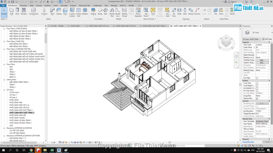 Kiến trúc biệt thự 2 tầng,Nhà 2 tầng 9x11m,revit biệt thự 2 tầng,bản vẽ biệt thự 2 tầng 9x11m