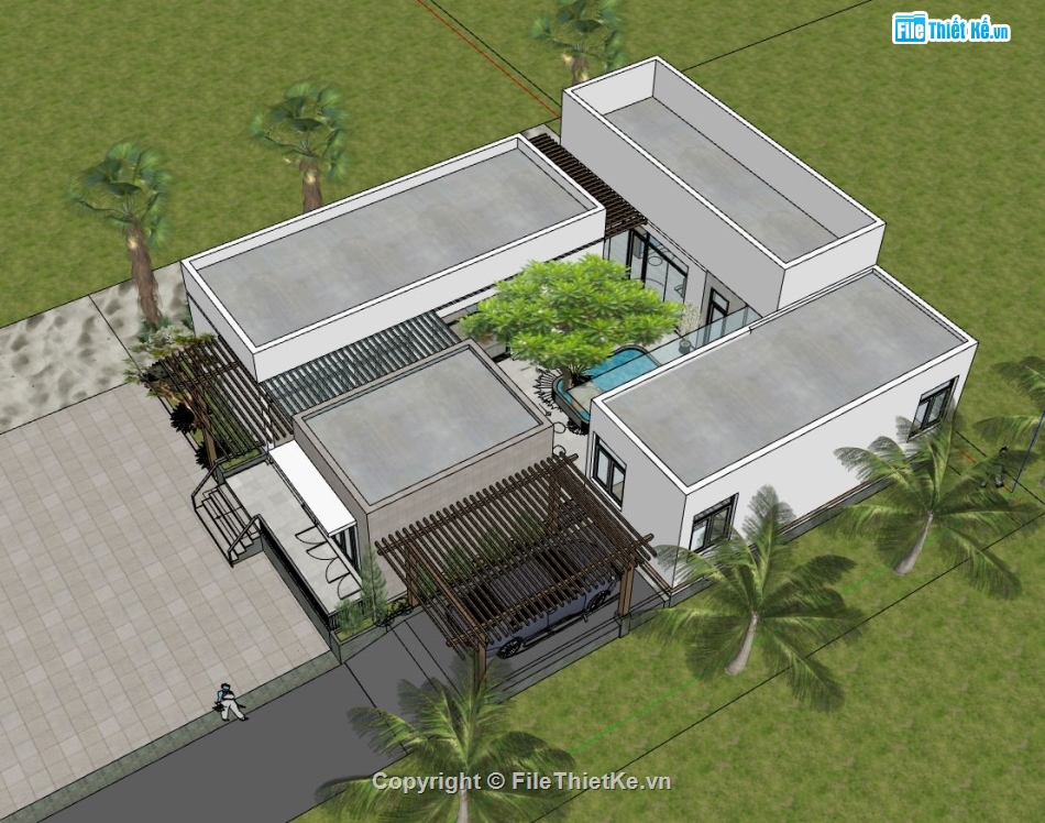 sketchup biệt thự 1 tầng,biệt thự 1 tầng 14.6x17.1m,biệt thự 1 tầng file sketchup,model su biệt thự 1 tầng