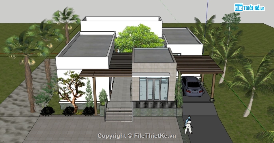 sketchup biệt thự 1 tầng,biệt thự 1 tầng 14.6x17.1m,biệt thự 1 tầng file sketchup,model su biệt thự 1 tầng