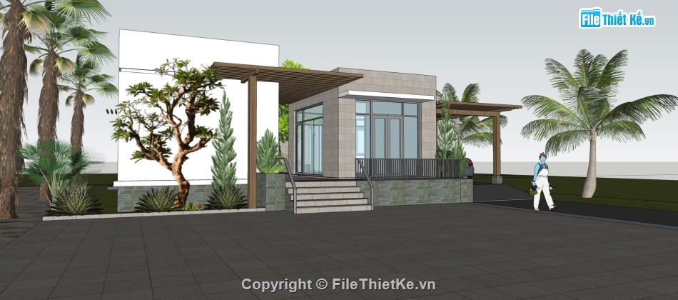 sketchup biệt thự 1 tầng,biệt thự 1 tầng 14.6x17.1m,biệt thự 1 tầng file sketchup,model su biệt thự 1 tầng