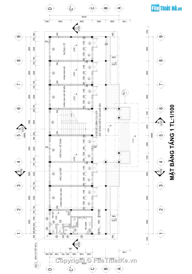 Nhà hiệu bộ trường THPT,Nhà Hiệu bộ,Nhà Hiệu Bộ 10.4x29.6m,Mẫu nhà hiệu bộ trường THPT,Bản vẽ nhà hiệu bộ kềm dự toán