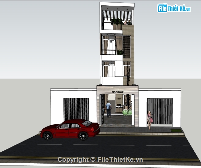 mặt tiền 4m,file 3d nhà lô phố,3d sketchup lô phố,phối cảnh nhà phố,file sketchup nhà phố