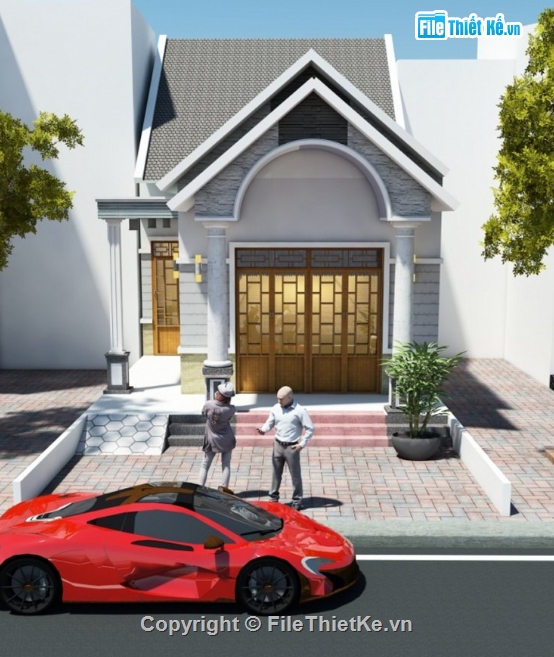 mái thái 1 tầng,nhà 1 tầng mái thái,file cad nhà 1 tầng