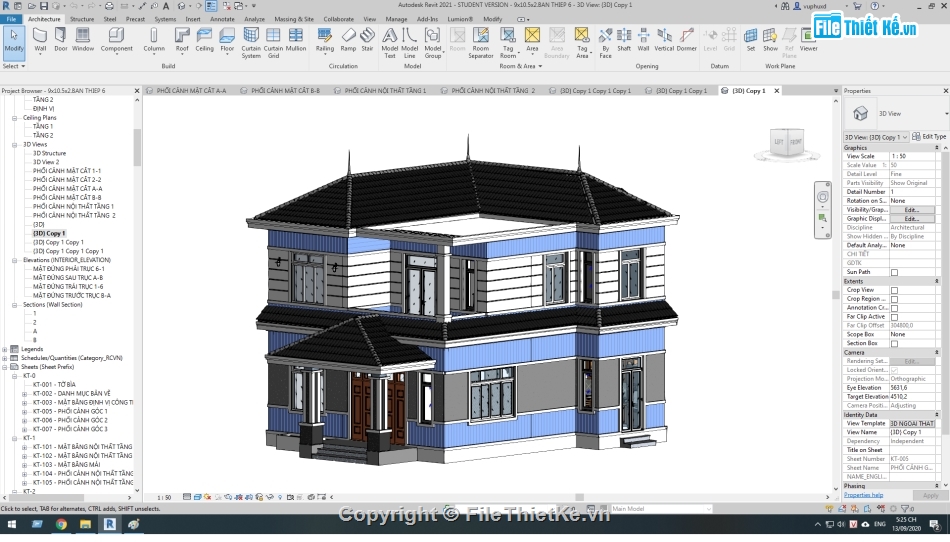 Nhà 2 tầng 8.5x10.5m,kiến trúc 2 tầng 8.5x10.5m,full kiến trúc,Bản vẽ revit biệt thự 2 tầng