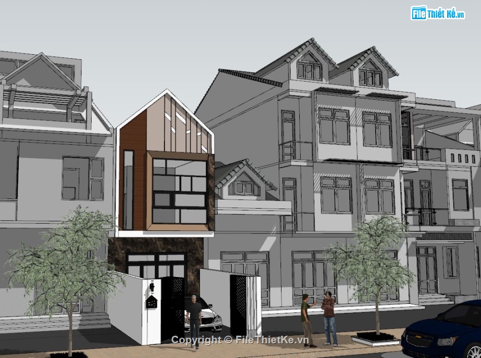 Nhà 2 tầng,sketchup nhà 2 tầng,nhà phố 2 tầng,su nhà phố