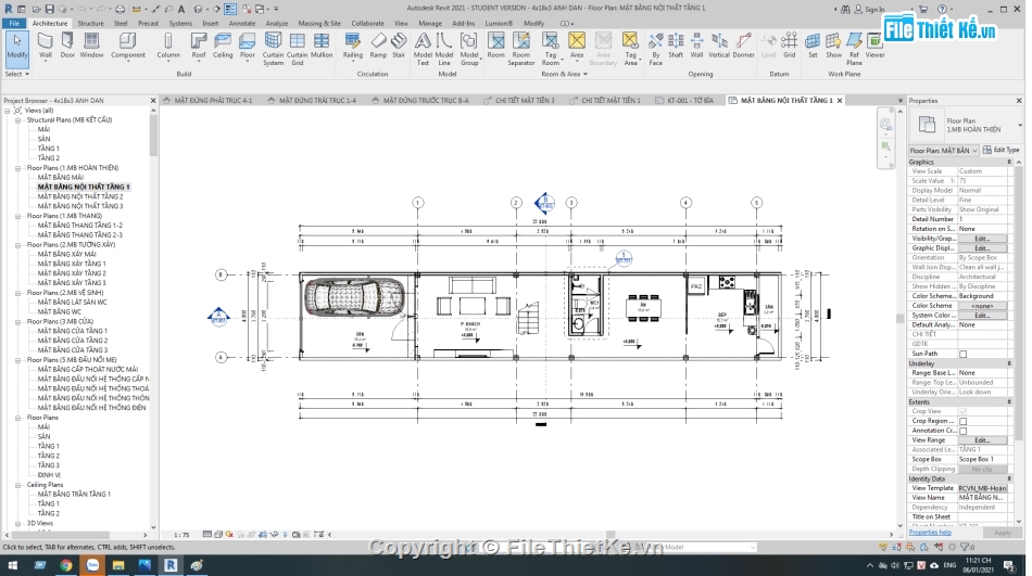 nhà phố 3 tầng,revit nhà phố 3 tầng,nhà phố,nhà phố 3 tầng 4x18m