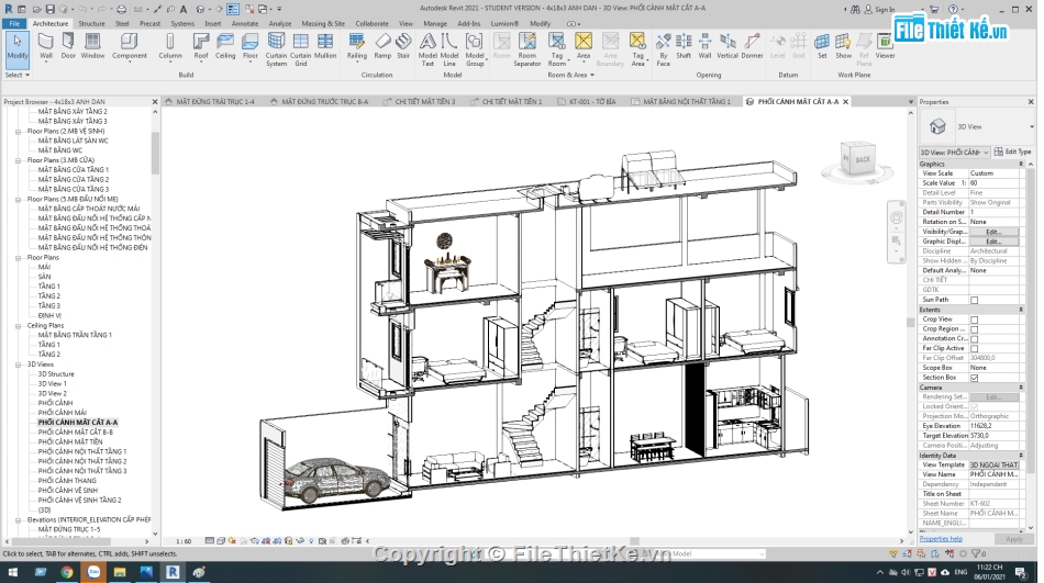 nhà phố 3 tầng,revit nhà phố 3 tầng,nhà phố,nhà phố 3 tầng 4x18m