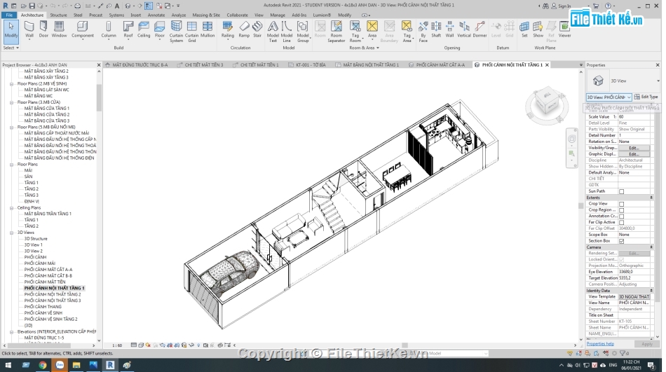 nhà phố 3 tầng,revit nhà phố 3 tầng,nhà phố,nhà phố 3 tầng 4x18m