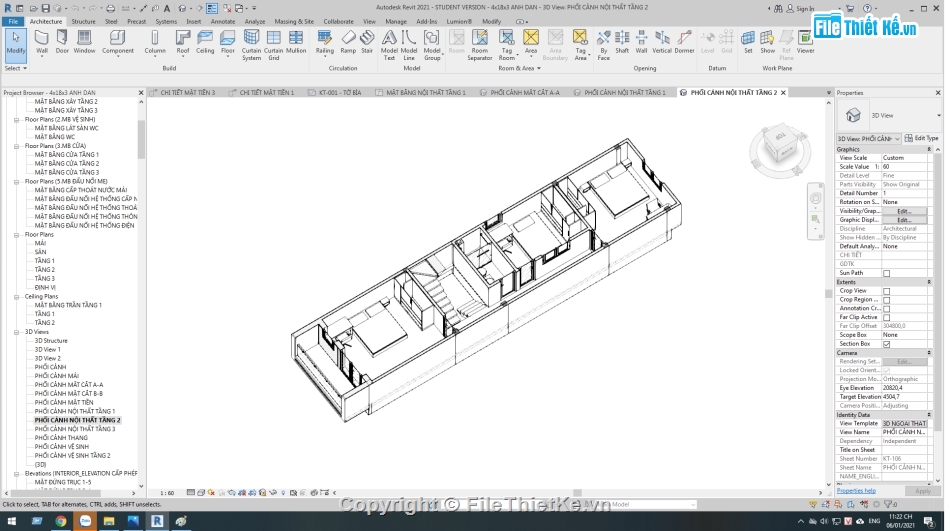 nhà phố 3 tầng,revit nhà phố 3 tầng,nhà phố,nhà phố 3 tầng 4x18m