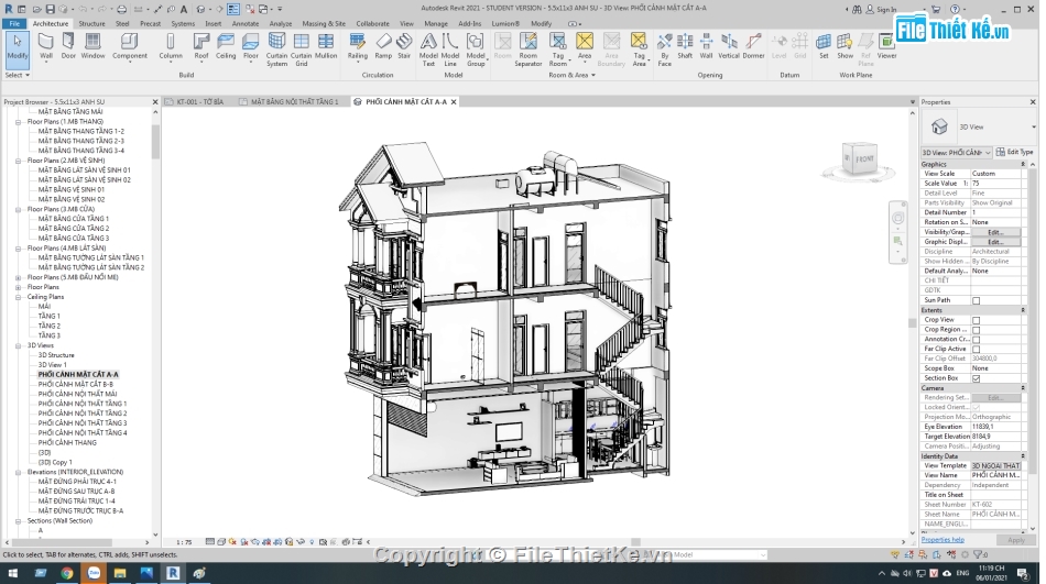 nhà phố 3 tầng,revit nhà 3 tầng,mẫu nhà phố 3 tầng,Nhà phố 3 tầng 5x11