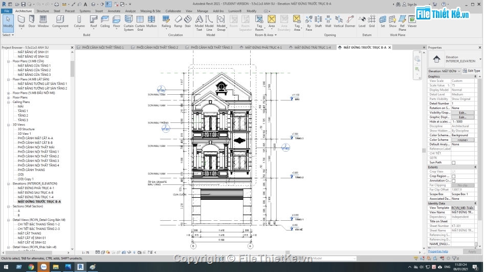 nhà phố 3 tầng,revit nhà 3 tầng,mẫu nhà phố 3 tầng,Nhà phố 3 tầng 5x11