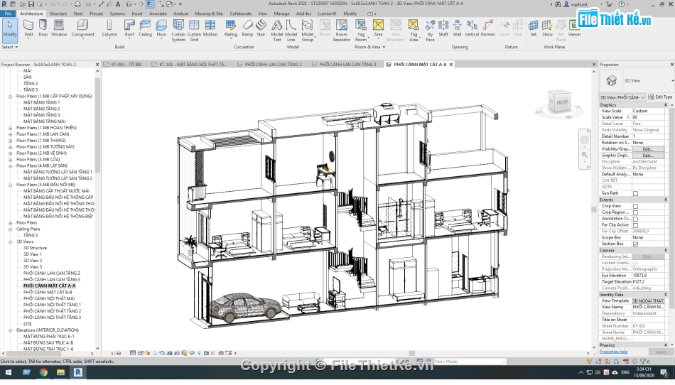 kiến trúc 3 tầng,Revit thiết kế nhà 3 tầng,Nhà phố 3 tầng 5x18.5m,bản vẽ revit nhà phố 3 tầng