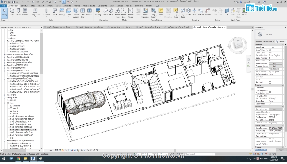 kiến trúc 3 tầng,Revit thiết kế nhà 3 tầng,Nhà phố 3 tầng 5x18.5m,bản vẽ revit nhà phố 3 tầng