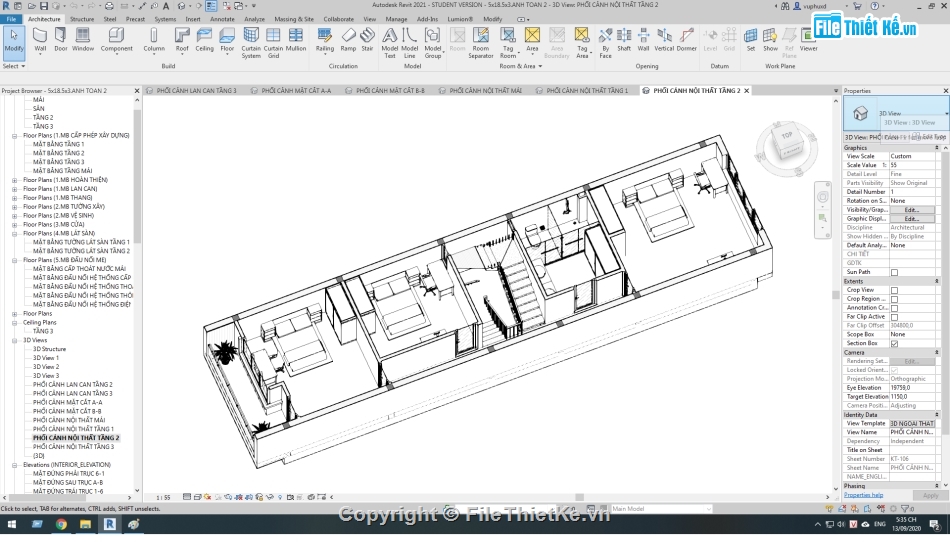 kiến trúc 3 tầng,Revit thiết kế nhà 3 tầng,Nhà phố 3 tầng 5x18.5m,bản vẽ revit nhà phố 3 tầng