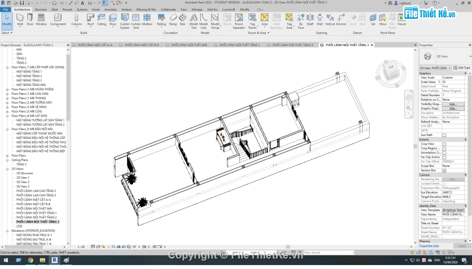 kiến trúc 3 tầng,Revit thiết kế nhà 3 tầng,Nhà phố 3 tầng 5x18.5m,bản vẽ revit nhà phố 3 tầng