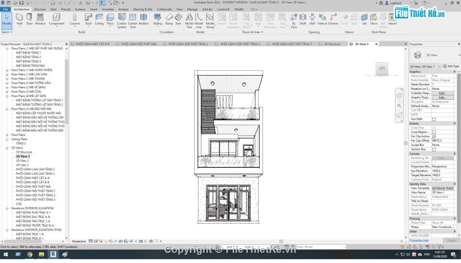 kiến trúc 3 tầng,Revit thiết kế nhà 3 tầng,Nhà phố 3 tầng 5x18.5m,bản vẽ revit nhà phố 3 tầng