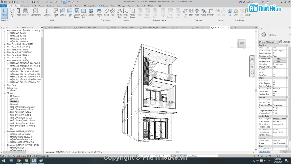 kiến trúc 3 tầng,Revit thiết kế nhà 3 tầng,Nhà phố 3 tầng 5x18.5m,bản vẽ revit nhà phố 3 tầng