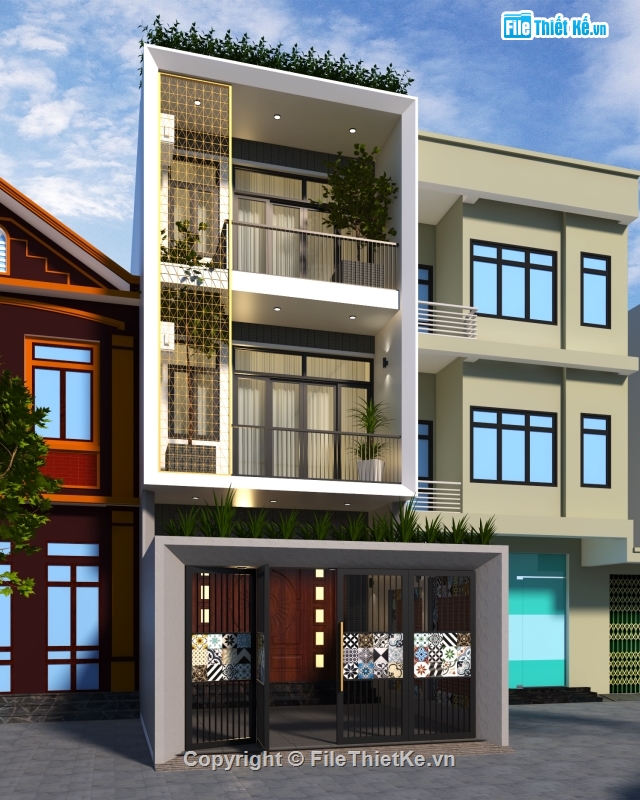 Nhà phố 3 tầng hiện đại,Nhà phố hiện đại,Thiế kế nhà 3 tầng Cad và Sketchup,Nhà phố 3 tầng 5x20m