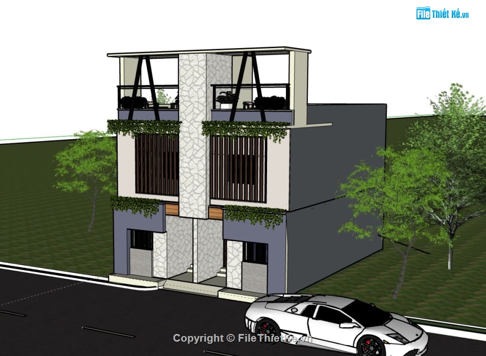 Nhà phố 3 tầng,model su nhà phố 3 tầng,nhà phố 3 tầng file su,file sketchup nhà phố 3 tầng