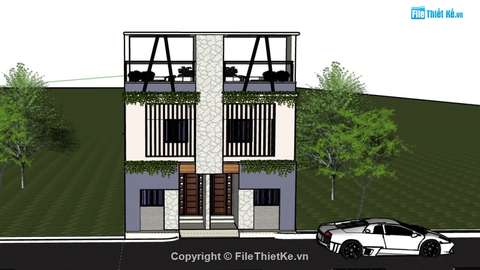 Nhà phố 3 tầng,model su nhà phố 3 tầng,nhà phố 3 tầng file su,file sketchup nhà phố 3 tầng