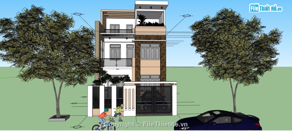 nhà phố 3 tầng,file sketchup nhà phố 3 tầng,model su nhà phố 3 tầng,nhà phố 3 tầng đẹp