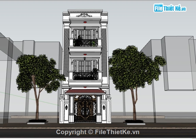 Nhà phố 3 tầng tân cổ điển,Nhà phố 3 tầng,Mẫu Nhà phố 3 tầng Sketchup,sketchup Nhà phố 3 tầng