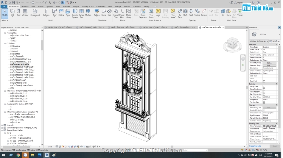 nhà phố 4 tầng,revit nhà phố 4 tầng,nhà phố 4 tầng tân cổ điển