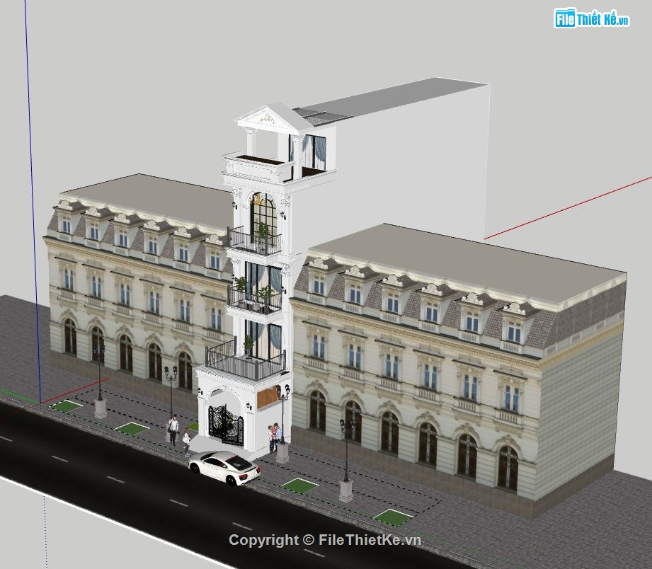 nhà phố 4 tầng 4.5x30m,file su nhà phố 4 tầng,nhà phố 4 tầng tân cổ điển,nhà phố tân cổ điển file sketchup
