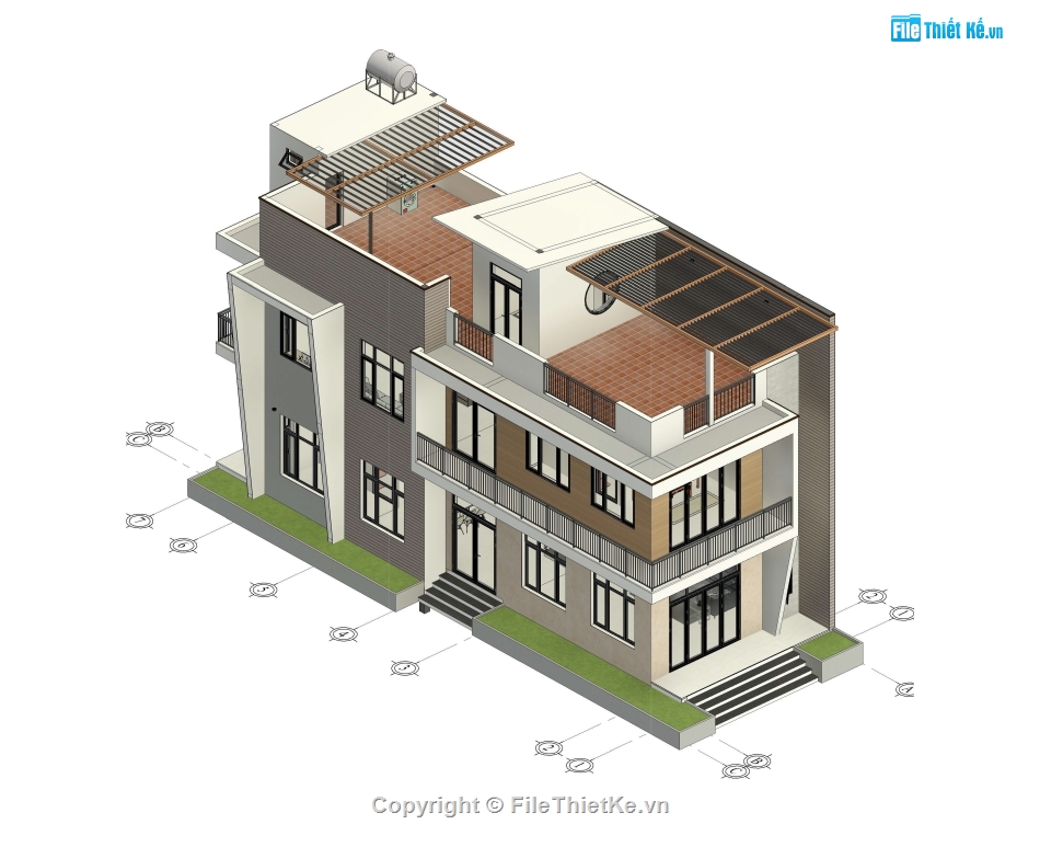 Nhà phố hiện đại,nhà phố 2 tầng 1 tum,revit nhà phố 2.5