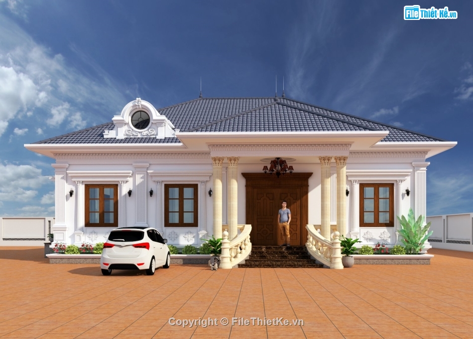 nhà vườn tân cổ điển,nhà vườn 1 tầng 3 phòng ngủ,nhà vườn 1 tầng 15.5x12m
