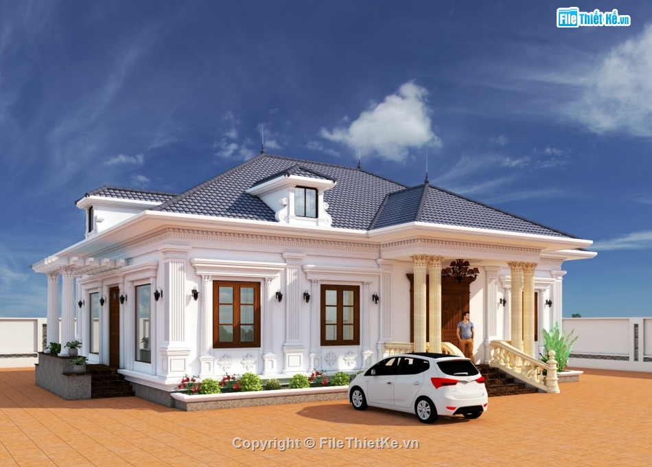 nhà vườn tân cổ điển,nhà vườn 1 tầng 3 phòng ngủ,nhà vườn 1 tầng 15.5x12m