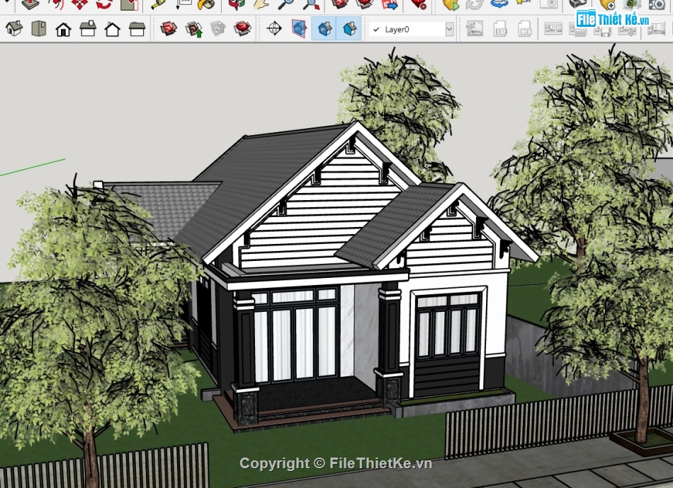 nhà vườn 1 tầng nông thôn,nhà vườn mái thái,thiết kế nhà vườn,nhà cấp 4 đẹp,sketchup nhà vườn,su nhà cấp 4