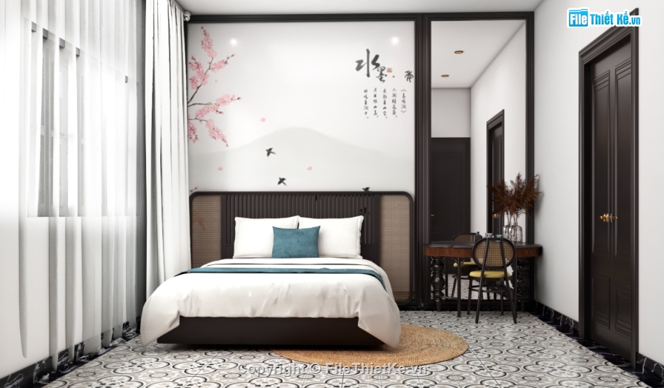 sketchup nội thất indochine,nội thất indochine,nội thất khách bếp sketchup,mẫu nội thất khách bếp sketchup