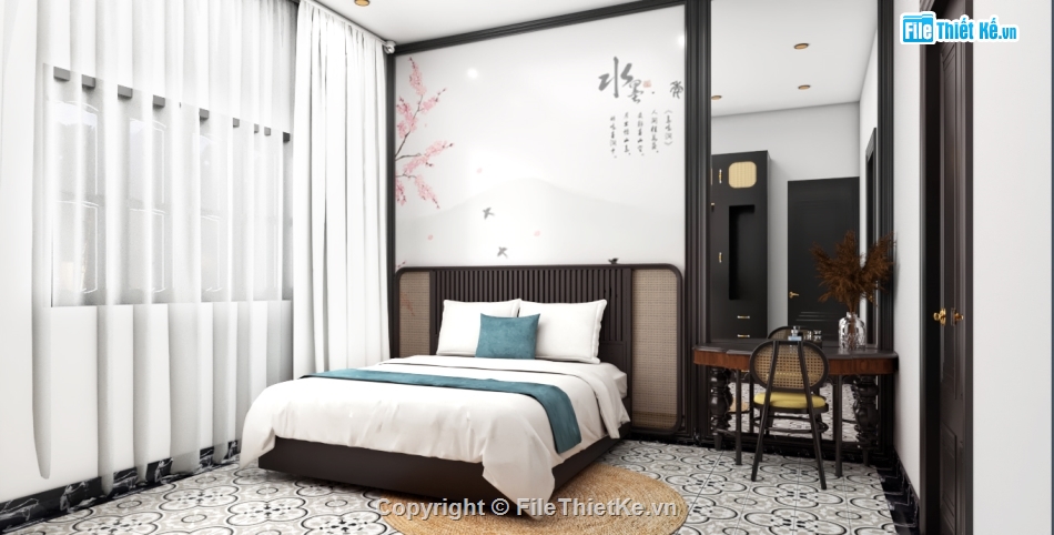 sketchup nội thất indochine,nội thất indochine,nội thất khách bếp sketchup,mẫu nội thất khách bếp sketchup