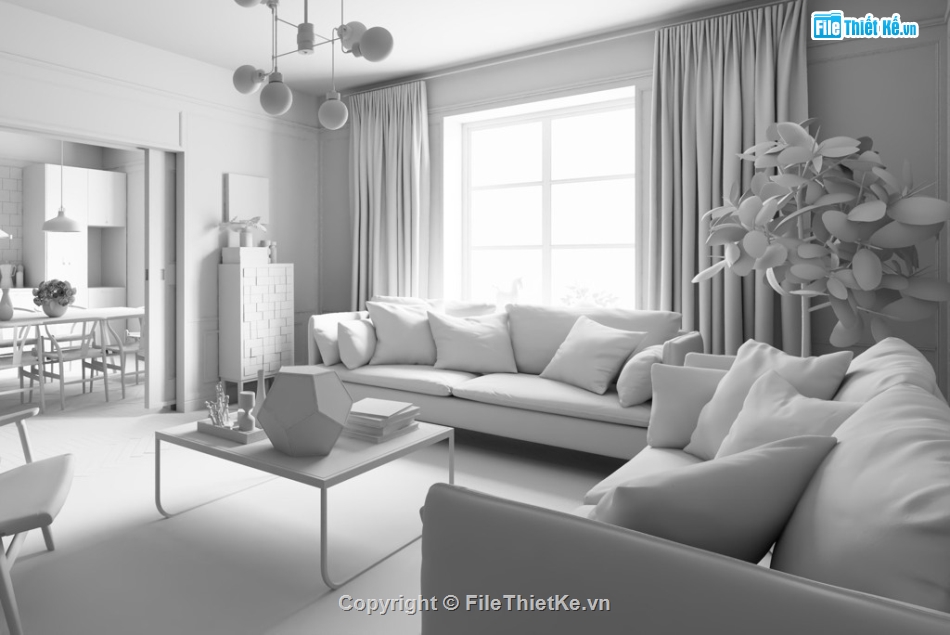 model su nội thất phòng khách bếp,nội thất khách bếp,file sketchup nội thất khách bếp