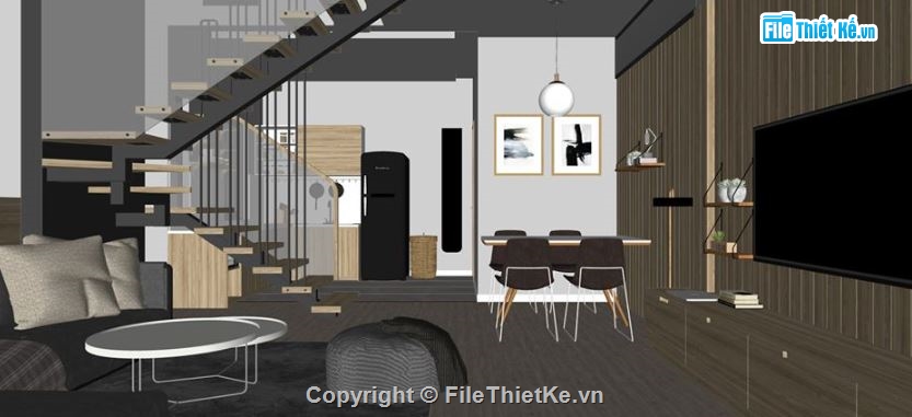 file sketchup phòng khách,phòng bếp sketchup,Nội thất phòng khách bếp,nội thất tầng 1 file su,model su nội thất tầng 1