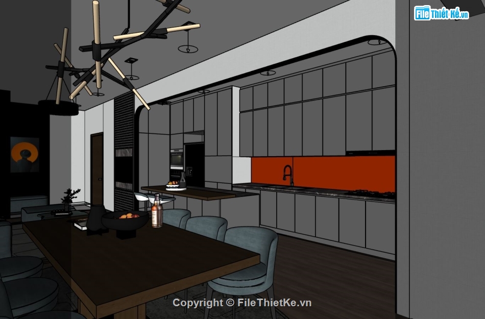 sketchup phòng khách,Nội thất phòng khách bếp sketchup,mode su nội thất phòng khách,mẫu nội thất phòng khách